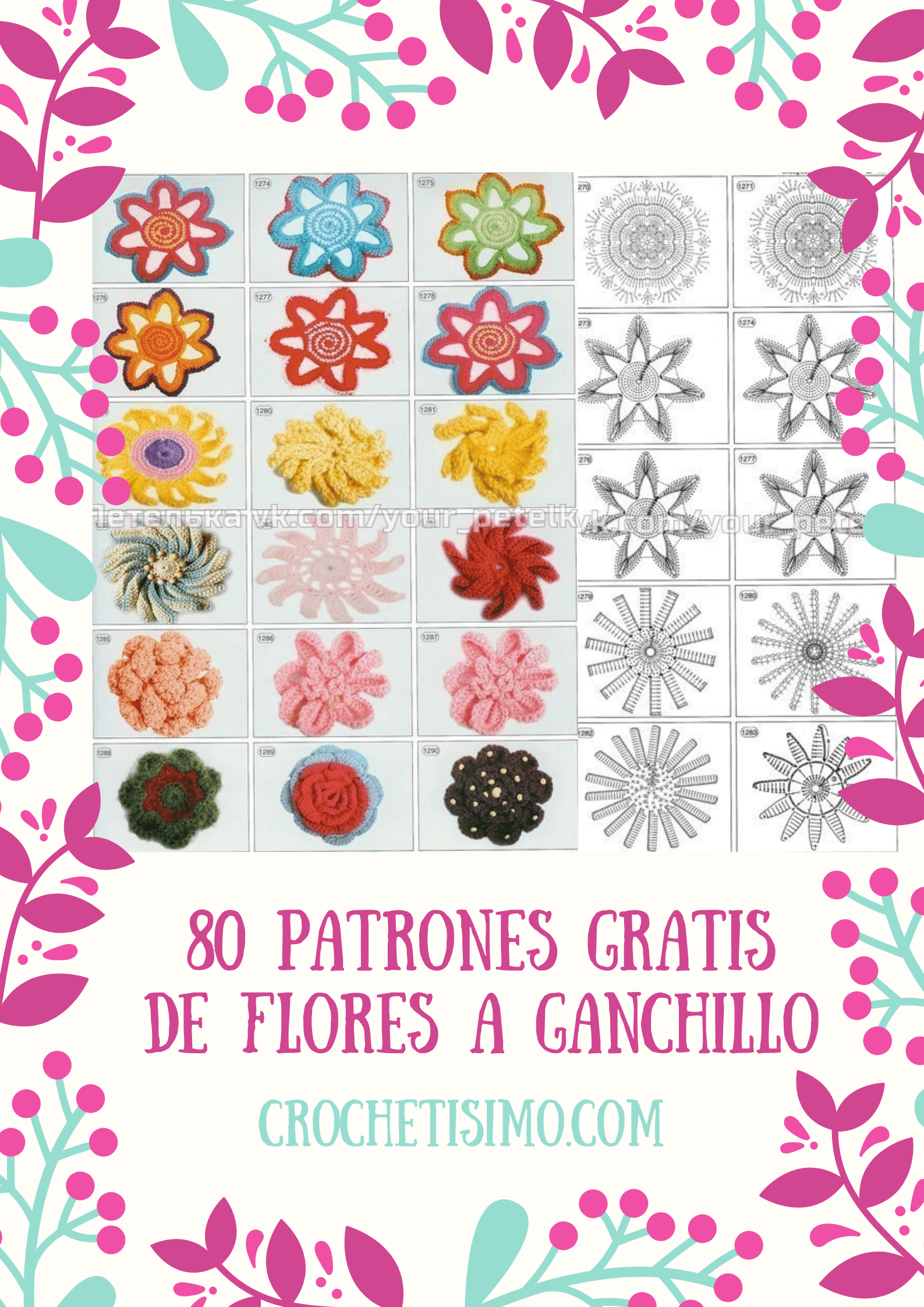 PATRON GRATIS 80 Flores a crochet cada una con su esquema!