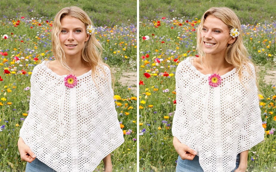 PATRÓN GRATIS Hermoso Poncho Gotas de Margaritas a Crochet