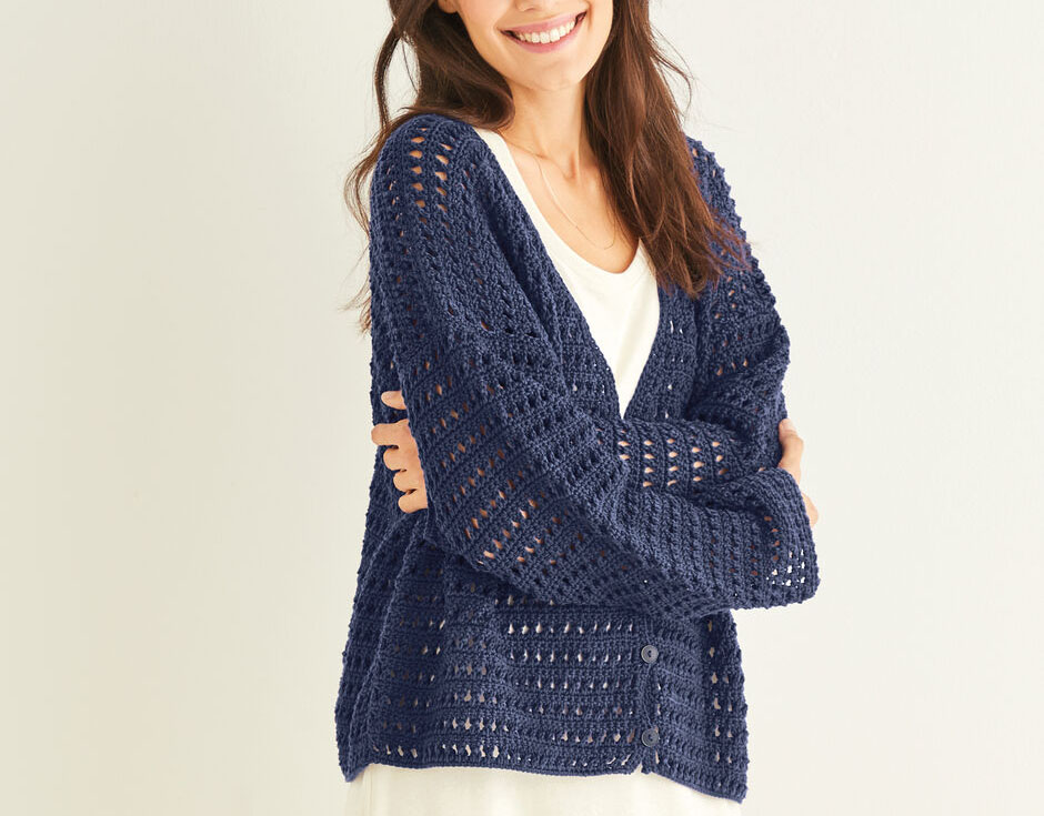 PATRÓN GRATIS Cárdigan Malla Griega en Crochet