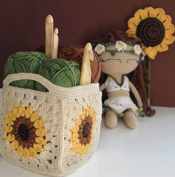 Sencilla Cesta Granny Girasol en Crochet PATRÓN GRATIS