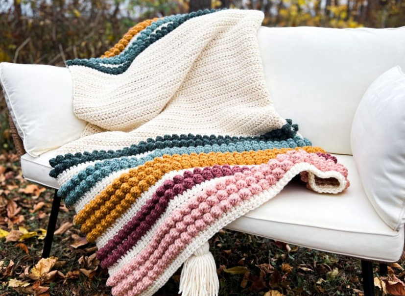 Patrón PDF Manta Gruesa Rayas Punto Bobble en Crochet